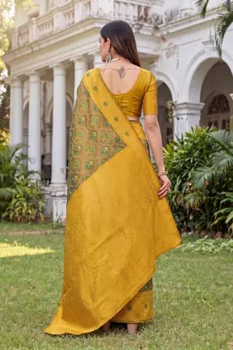GREEN MUSTARD ART SILK BANARASI JACUARD WORK SAREE WITH UNSTITCHED BLOUSE PIECE