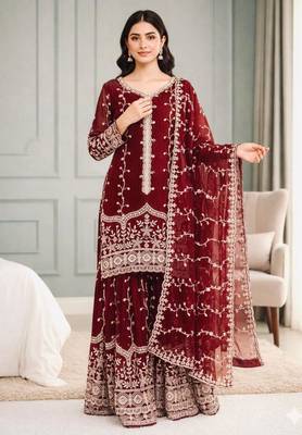 Maroon silk blend embroidered palazzo set 2