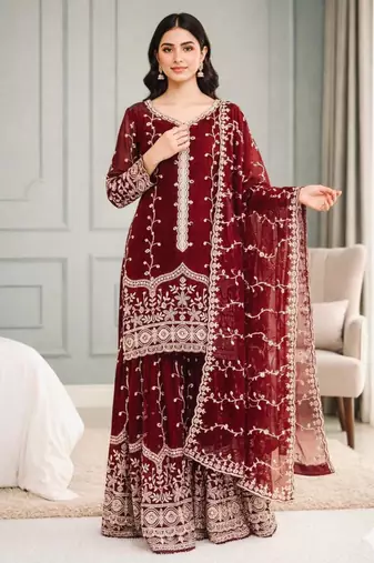 Maroon silk blend embroidered palazzo set