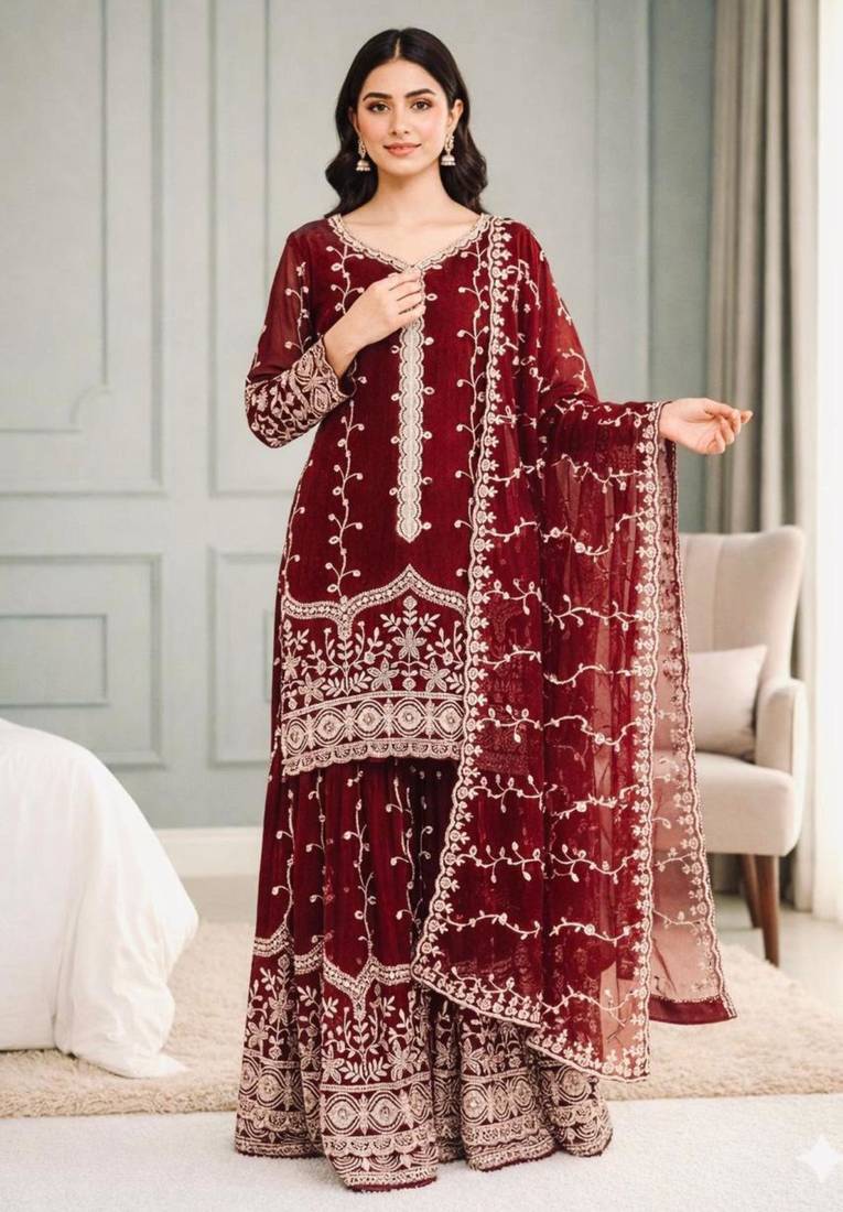 Maroon silk blend embroidered palazzo set