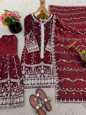Maroon silk blend embroidered palazzo set 3