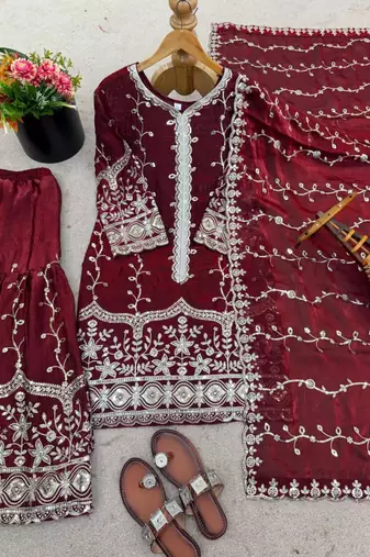 Maroon silk blend embroidered palazzo set