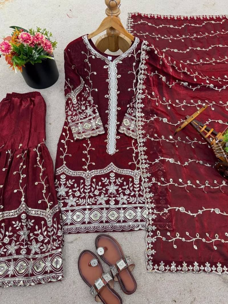 Maroon silk blend embroidered palazzo set