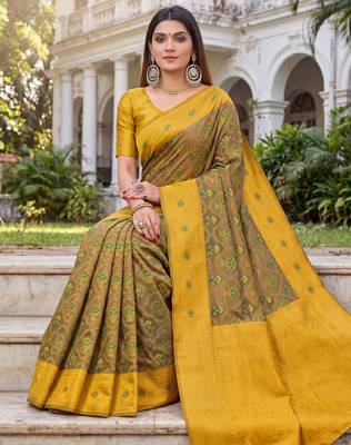 GREEN MUSTARD ART SILK BANARASI JACUARD WORK SAREE WITH UNSTITCHED BLOUSE PIECE 3