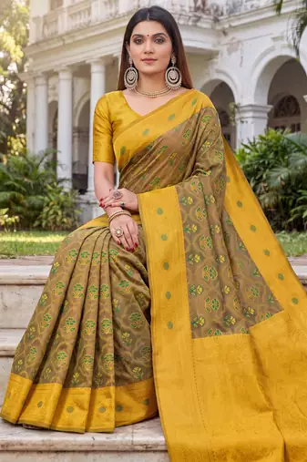 GREEN MUSTARD ART SILK BANARASI JACUARD WORK SAREE WITH UNSTITCHED BLOUSE PIECE
