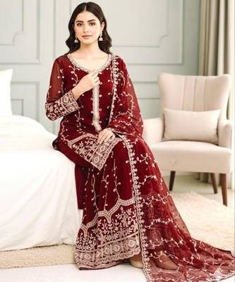 Maroon silk blend embroidered palazzo set 4