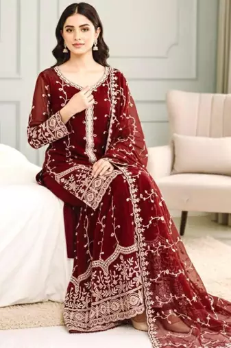 Maroon silk blend embroidered palazzo set