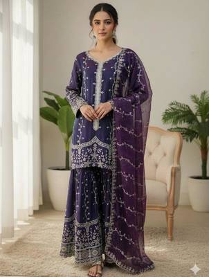Purple silk blend embroidered palazzo set 1
