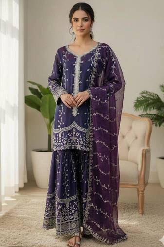 Purple silk blend embroidered palazzo set