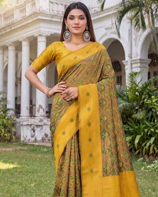 GREEN MUSTARD ART SILK BANARASI JACUARD WORK SAREE WITH UNSTITCHED BLOUSE PIECE 4