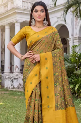 GREEN MUSTARD ART SILK BANARASI JACUARD WORK SAREE WITH UNSTITCHED BLOUSE PIECE