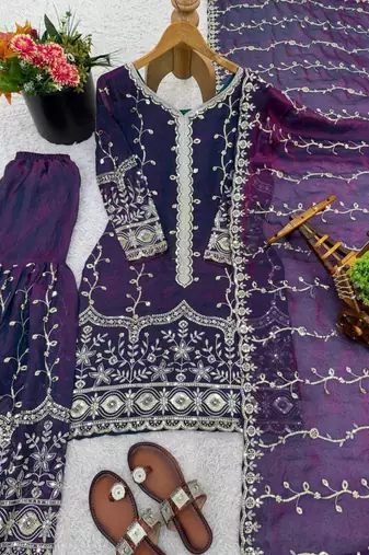 Purple silk blend embroidered palazzo set