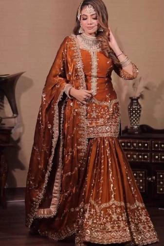 Orange silk blend embroidered palazzo set