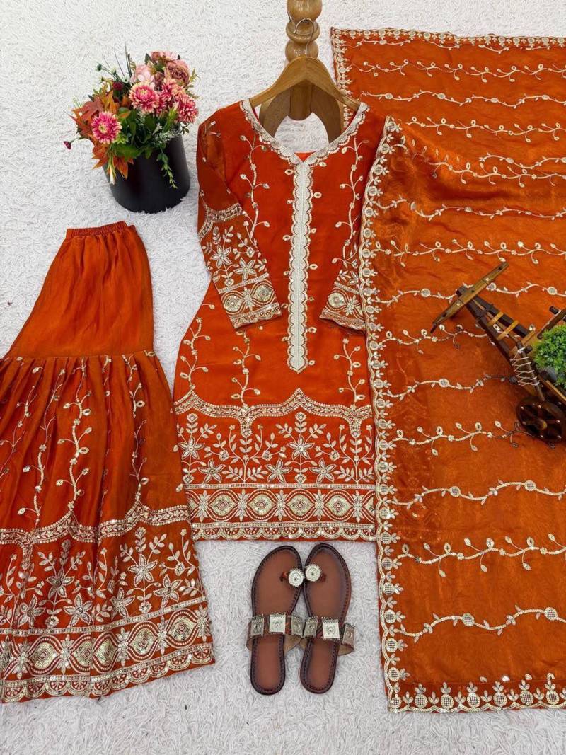 Orange silk blend embroidered palazzo set