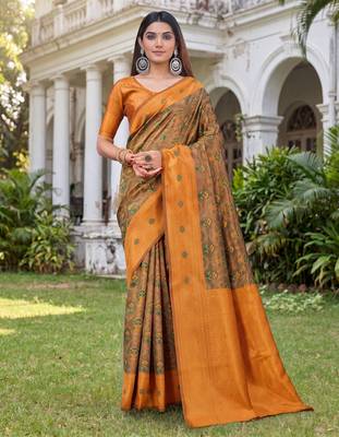 GREEN ORANGE ART SILK BANARASI JACUARD WORK SAREE WITH UNSTITCHED BLOUSE PIECE 1