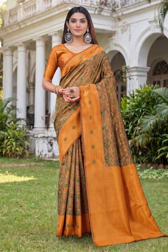 GREEN ORANGE ART SILK BANARASI JACUARD WORK SAREE WITH UNSTITCHED BLOUSE PIECE