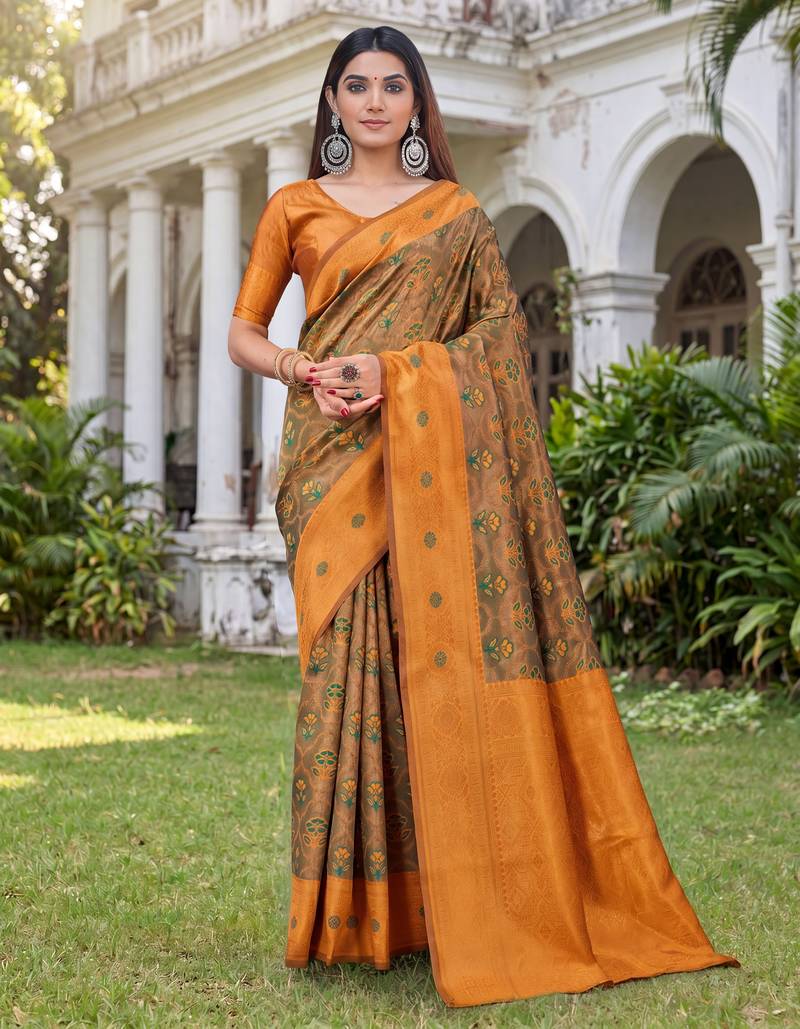 GREEN ORANGE ART SILK BANARASI JACUARD WORK SAREE WITH UNSTITCHED BLOUSE PIECE