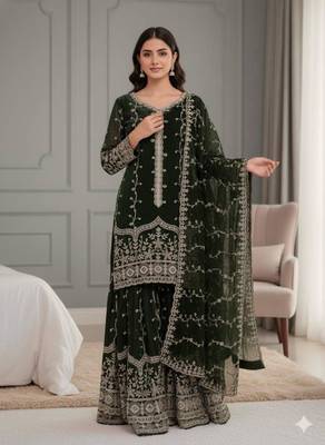 Dark-green silk blend embroidered palazzo set 1