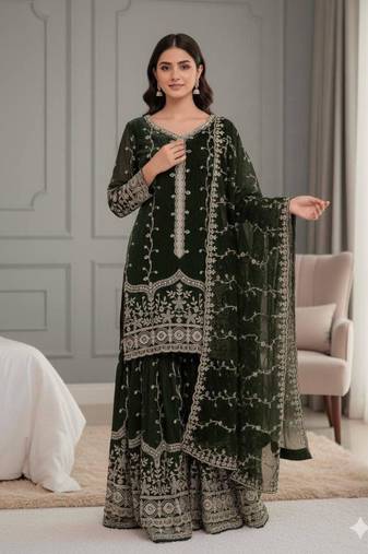 Dark-green silk blend embroidered palazzo set