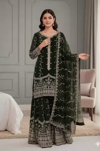 Dark-green silk blend embroidered palazzo set