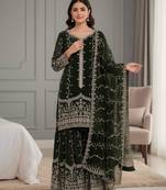 Dark-green silk blend embroidered palazzo set