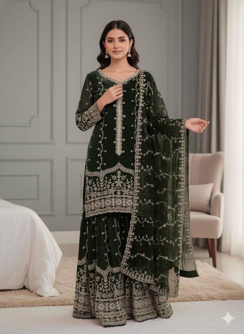 Dark-green silk blend embroidered palazzo set