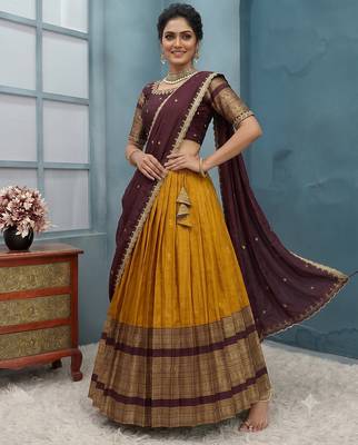 Mustard Half Saree Set with Maroon Embroidered Blouse & Dupatta 3
