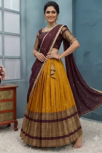 Mustard Half Saree Set with Maroon Embroidered Blouse & Dupatta