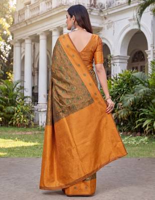 GREEN ORANGE ART SILK BANARASI JACUARD WORK SAREE WITH UNSTITCHED BLOUSE PIECE 2