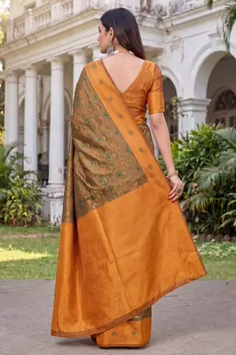 GREEN ORANGE ART SILK BANARASI JACUARD WORK SAREE WITH UNSTITCHED BLOUSE PIECE