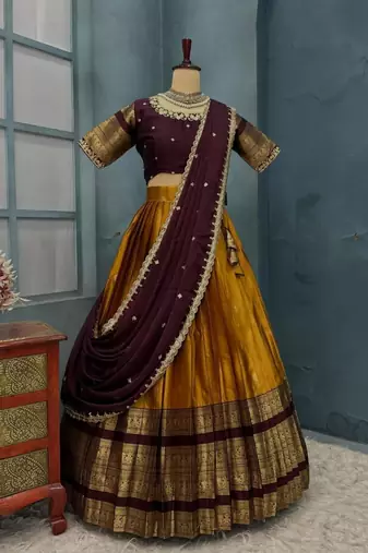 Mustard Half Saree Set with Maroon Embroidered Blouse & Dupatta