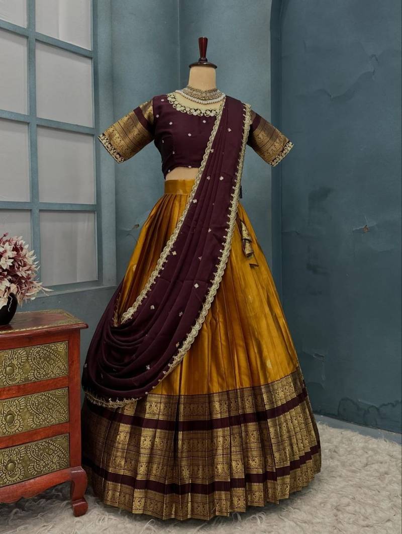 Mustard Half Saree Set with Maroon Embroidered Blouse & Dupatta