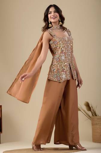 Brown viscose embroidered sharara set