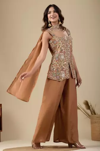 Brown viscose embroidered sharara set