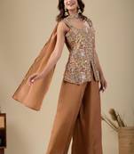Brown viscose embroidered sharara set