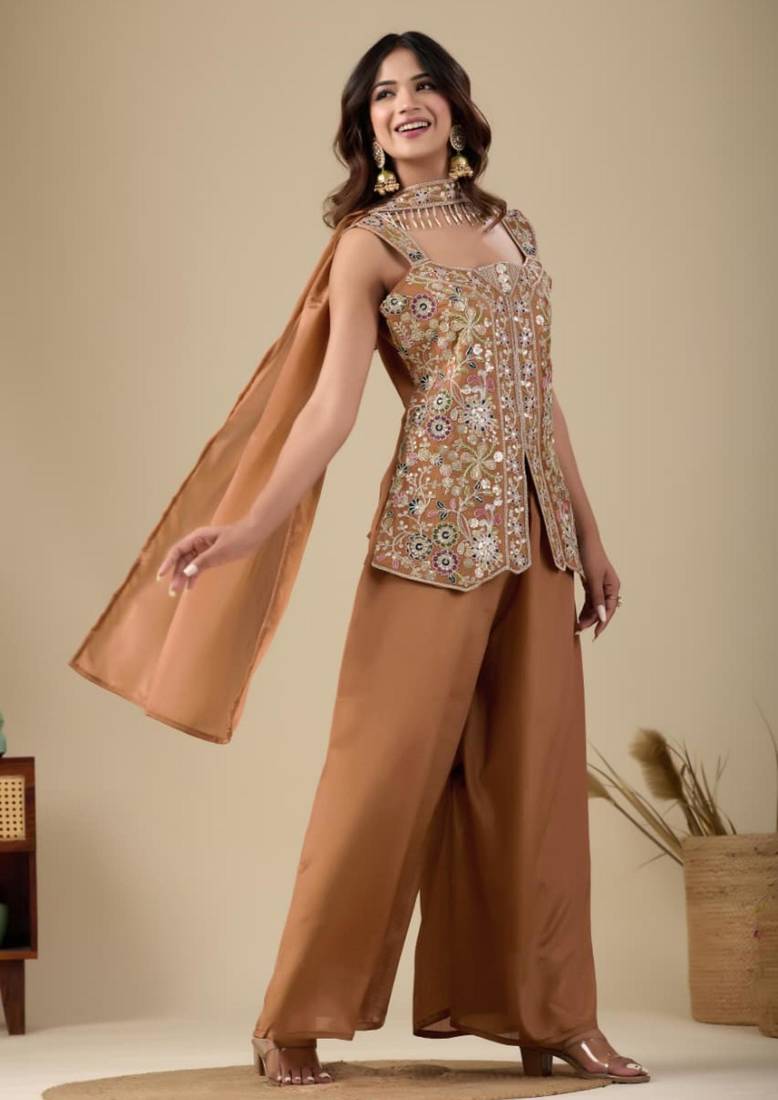 Brown viscose embroidered sharara set