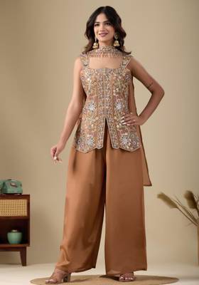 Brown viscose embroidered sharara set 2