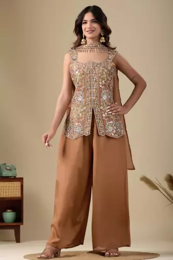Brown viscose embroidered sharara set