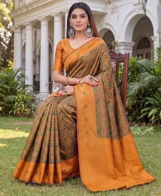 GREEN ORANGE ART SILK BANARASI JACUARD WORK SAREE WITH UNSTITCHED BLOUSE PIECE 3