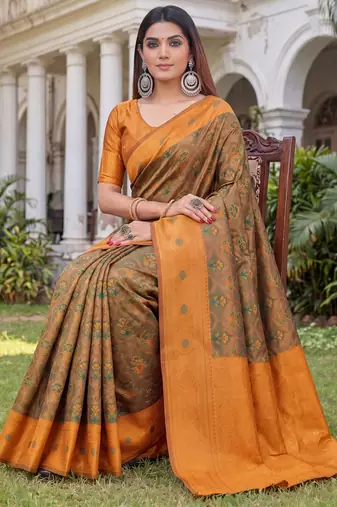 GREEN ORANGE ART SILK BANARASI JACUARD WORK SAREE WITH UNSTITCHED BLOUSE PIECE