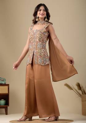 Brown viscose embroidered sharara set 3