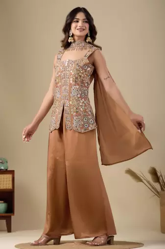 Brown viscose embroidered sharara set