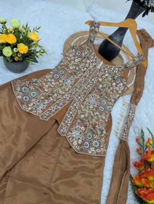 Brown viscose embroidered sharara set 4