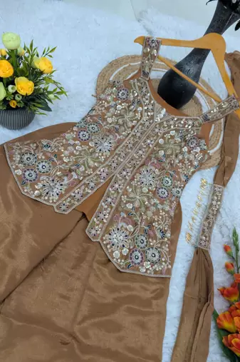 Brown viscose embroidered sharara set