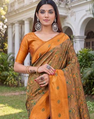 GREEN ORANGE ART SILK BANARASI JACUARD WORK SAREE WITH UNSTITCHED BLOUSE PIECE 4
