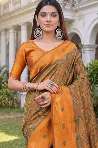 GREEN ORANGE ART SILK BANARASI JACUARD WORK SAREE WITH UNSTITCHED BLOUSE PIECE