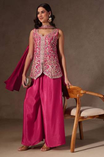 Rani-pink viscose embroidered sharara set