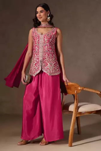 Rani-pink viscose embroidered sharara set
