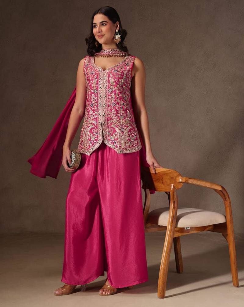 Rani-pink viscose embroidered sharara set