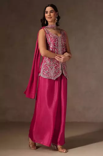 Rani-pink viscose embroidered sharara set